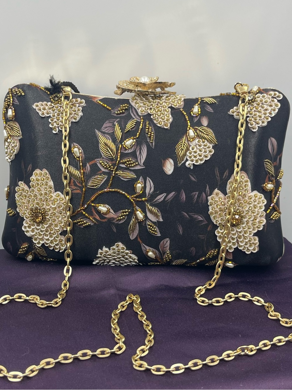 NR by Nidhi Rathi Handcrafted Floral Embroidered Box Clutch w/Detachable Chain